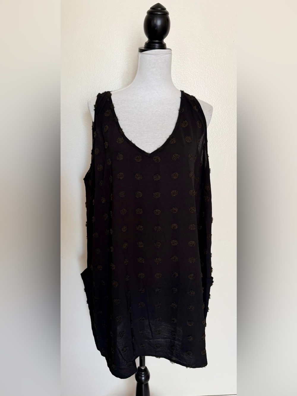 Black V-Neck Sleeveless Tank with Subtle Textured Deep Green Dot Pattern